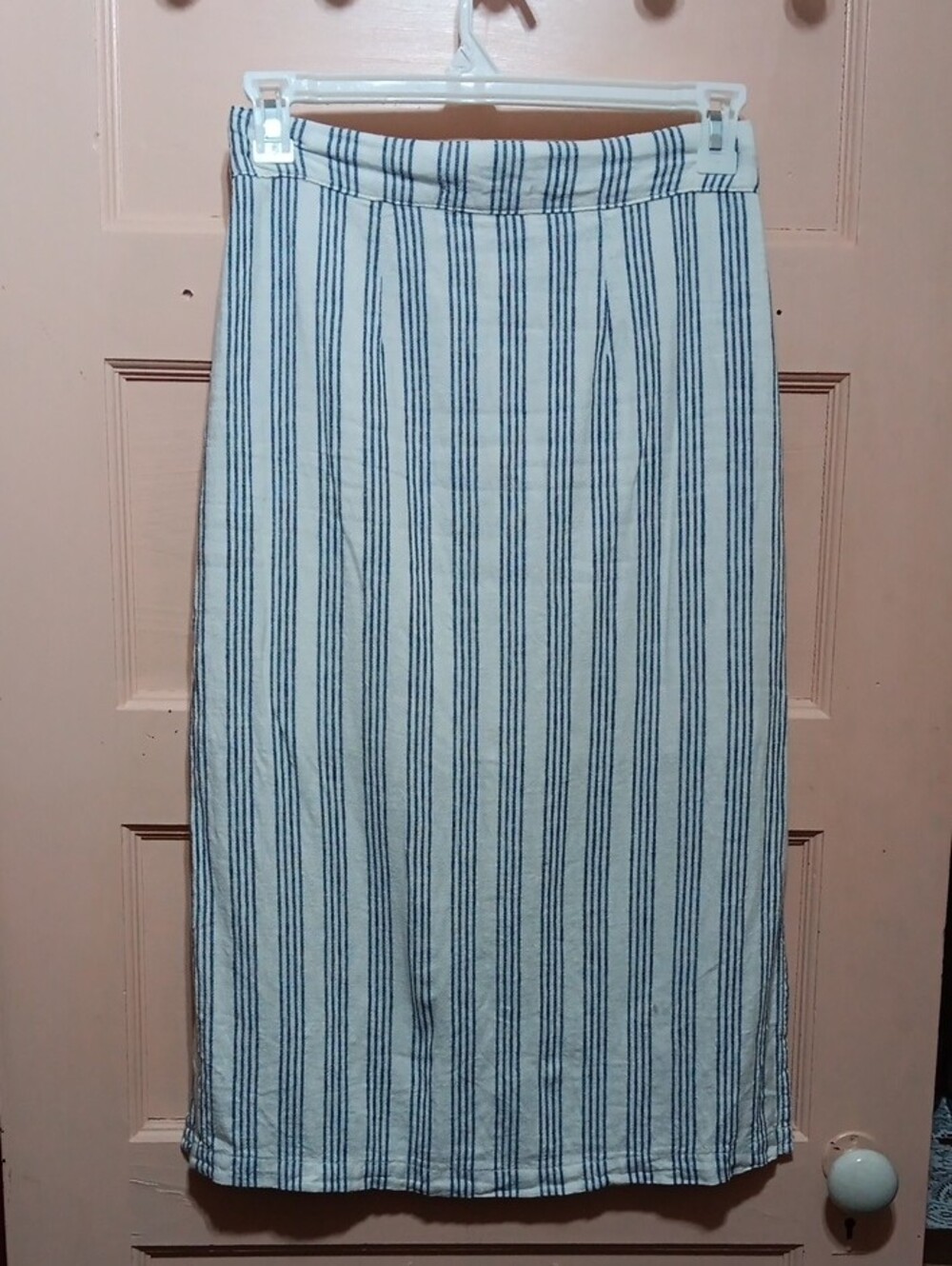 Liquid X Linen Blend Button-Front Blue & White Striped Lined Midi Skirt - Picture 3 of 3
